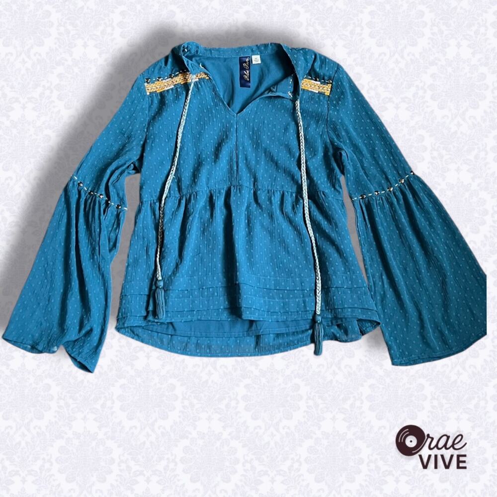 Blue Rain Boho Peasant Blouse Small Teal Gold Trim Bell Sleeve Tassel Tie Top